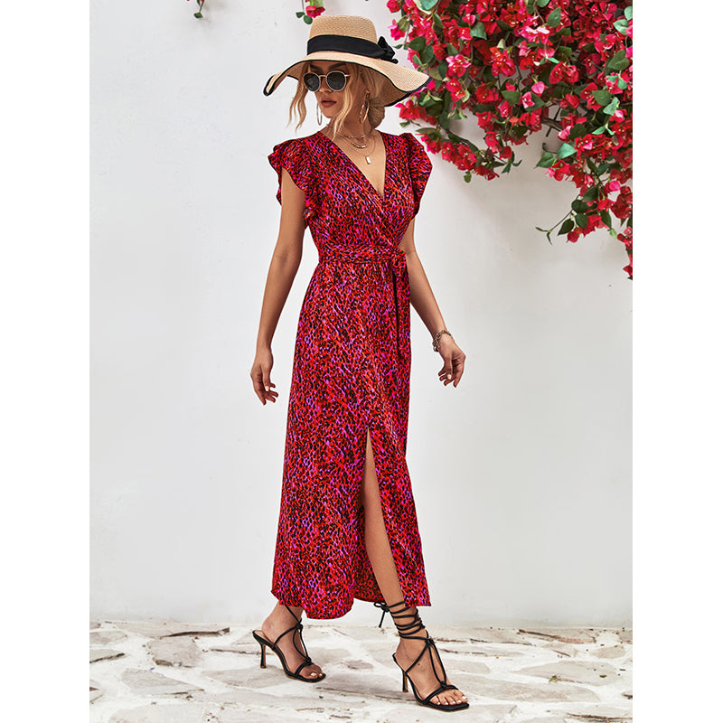 Animal Print Flutter Sleeve Maxi Dress
