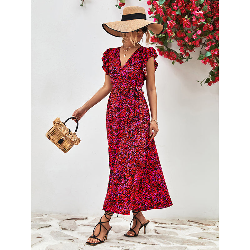 Animal Print Flutter Sleeve Maxi Dress