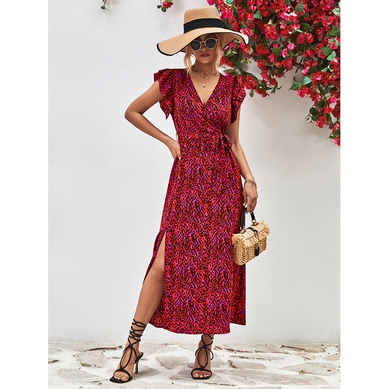 Animal Print Flutter Sleeve Maxi Dress