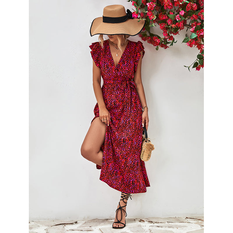 Animal Print Flutter Sleeve Maxi Dress