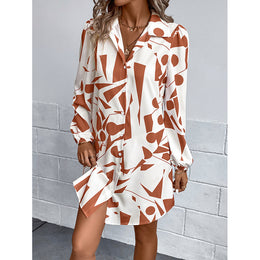 White & Rust Geometric Printed Cuffed Sleeves Shirt Dress