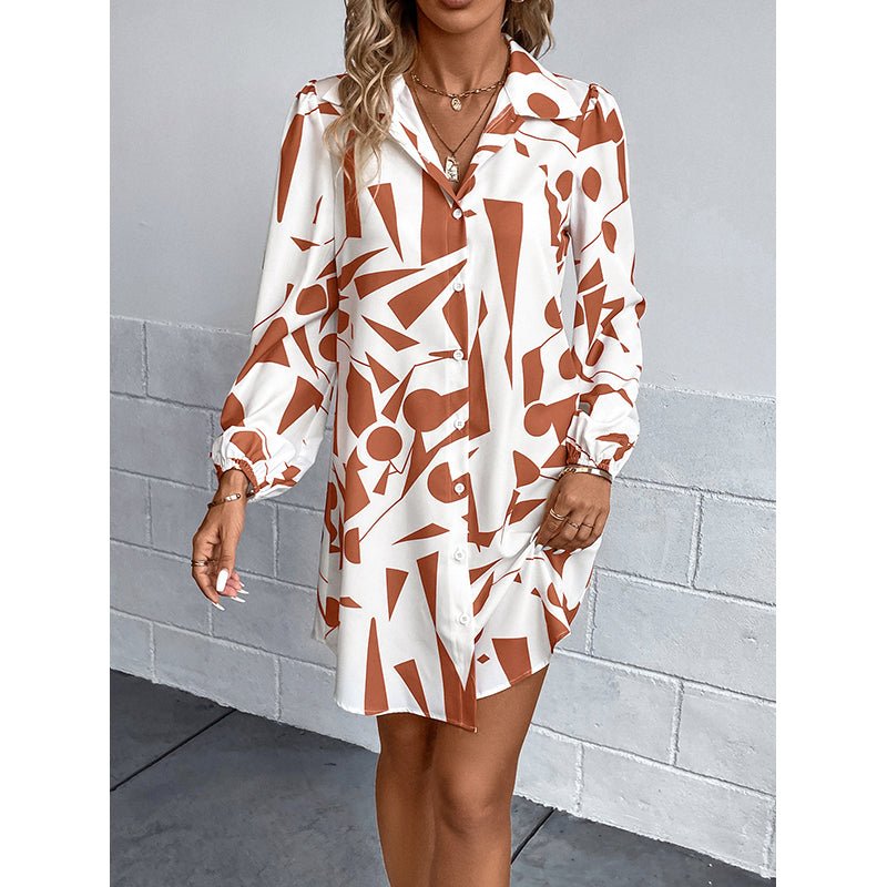White & Rust Geometric Printed Cuffed Sleeves Shirt Dress