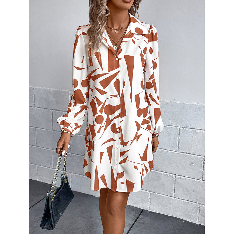 White & Rust Geometric Printed Cuffed Sleeves Shirt Dress