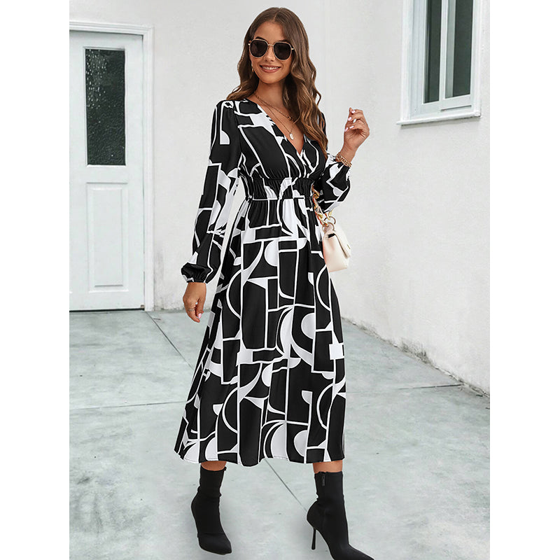 Black & White Print Fit & Flare Midi Dress