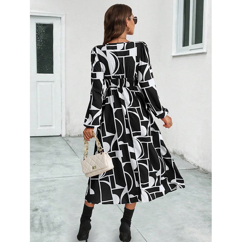 Black & White Print Fit & Flare Midi Dress