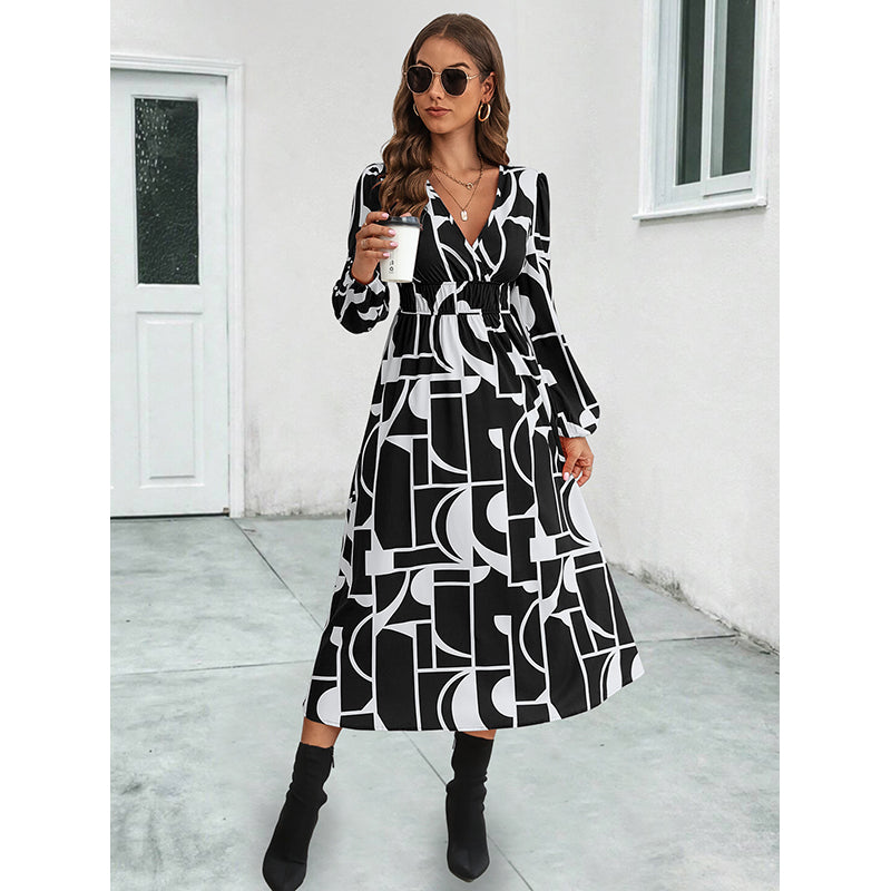 Black & White Print Fit & Flare Midi Dress