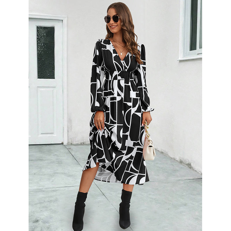 Black & White Print Fit & Flare Midi Dress