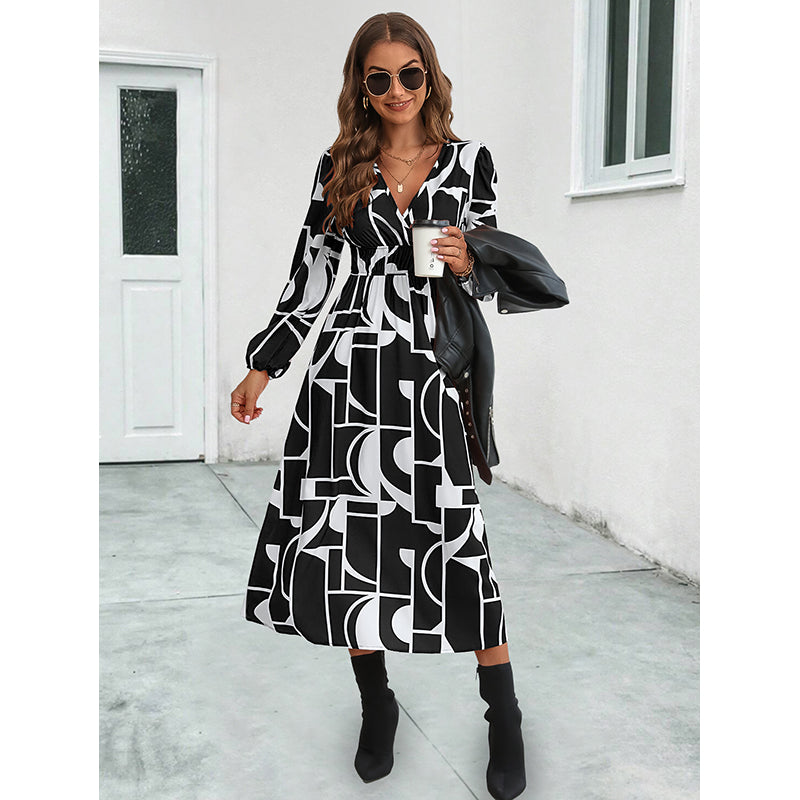 Black & White Print Fit & Flare Midi Dress