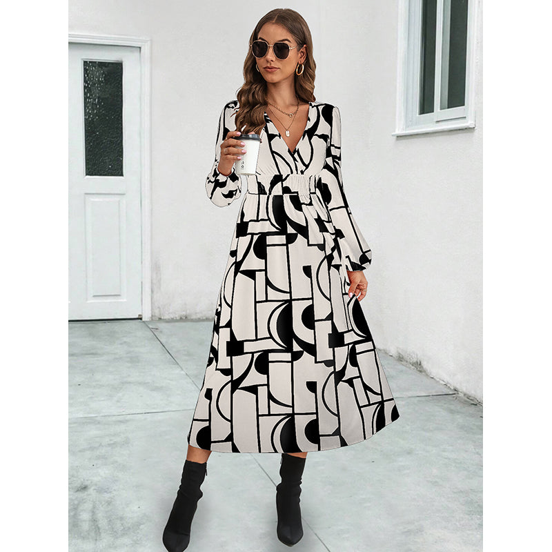 Beige & Black Abstract Printed Fit & Flare Midi Dress