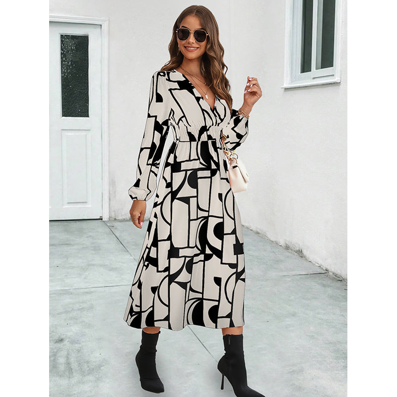 Beige & Black Abstract Printed Fit & Flare Midi Dress