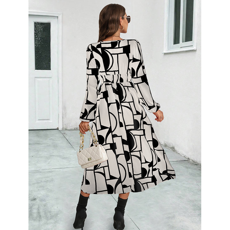 Beige & Black Abstract Printed Fit & Flare Midi Dress
