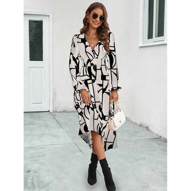 Beige & Black Abstract Printed Fit & Flare Midi Dress