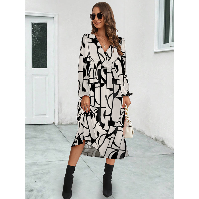 Beige & Black Abstract Printed Fit & Flare Midi Dress