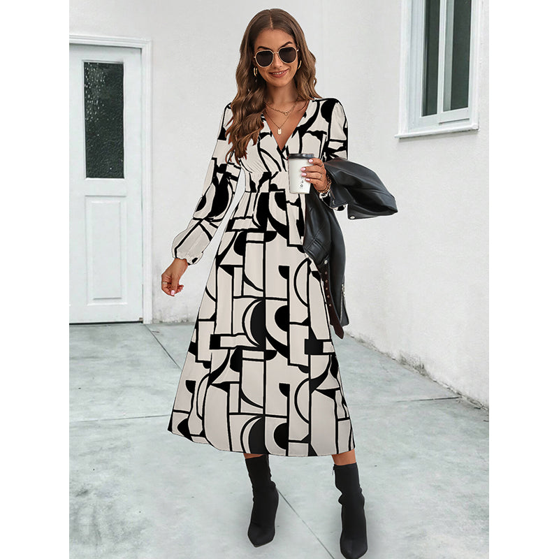 Beige & Black Abstract Printed Fit & Flare Midi Dress