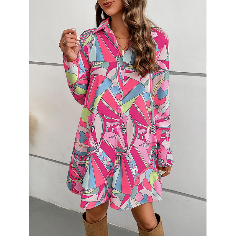 Pink & Blue Graphic Printed Shirt Dress