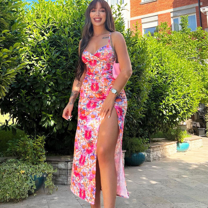 Pink Floral Printed Shoulder Straps Bodycon Midi Dress