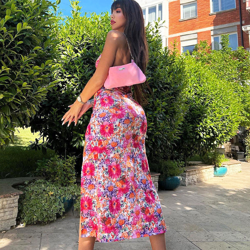 Pink Floral Printed Shoulder Straps Bodycon Midi Dress