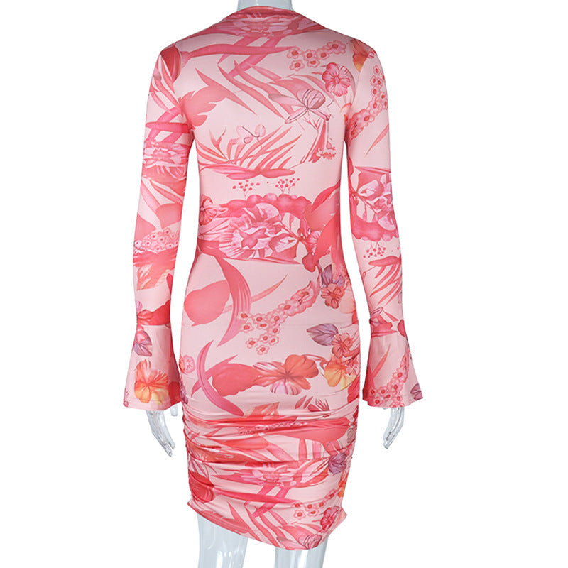 Print Bell Sleeve Bodycon Mini Dress
