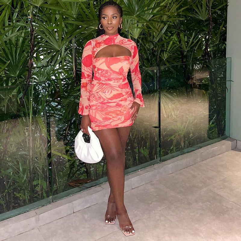 Print Bell Sleeve Bodycon Mini Dress