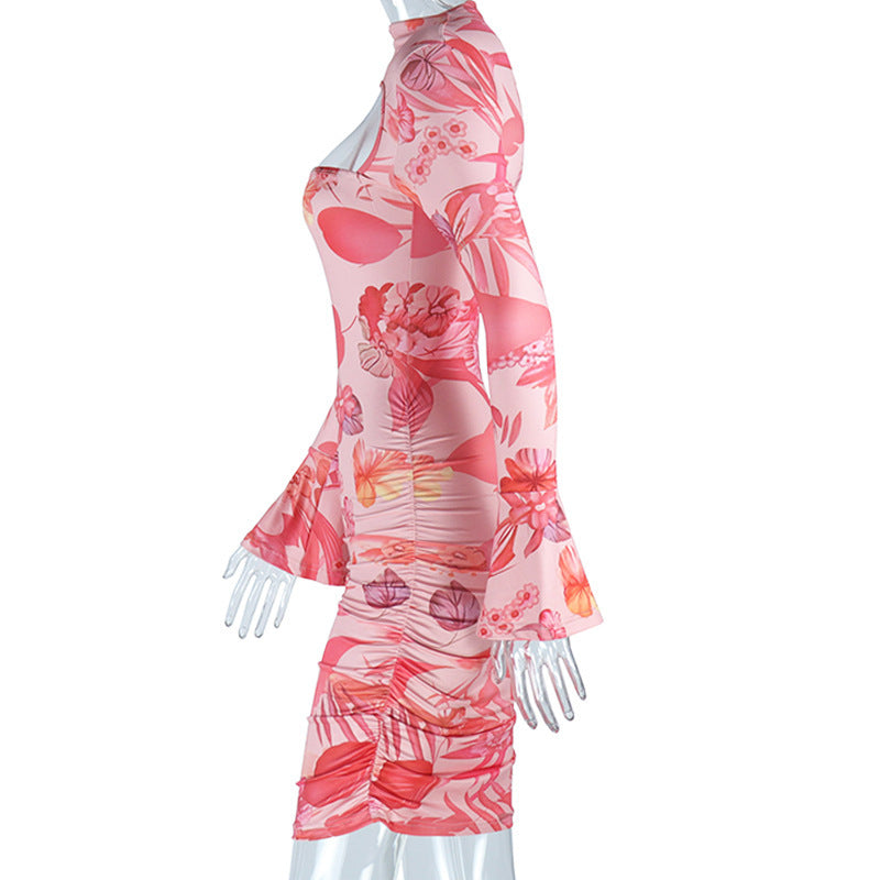 Print Bell Sleeve Bodycon Mini Dress