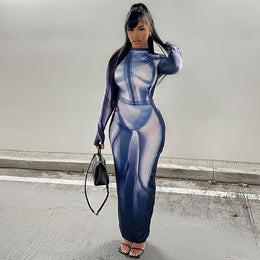 Blue Abstract Printed Round Neck Long Sleeves Bodycon Dress