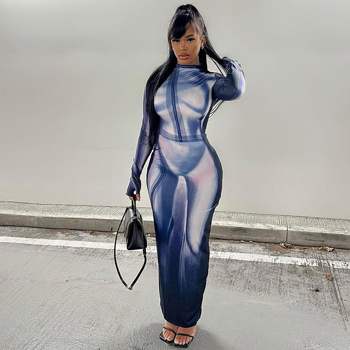 Blue Abstract Printed Round Neck Long Sleeves Bodycon Dress