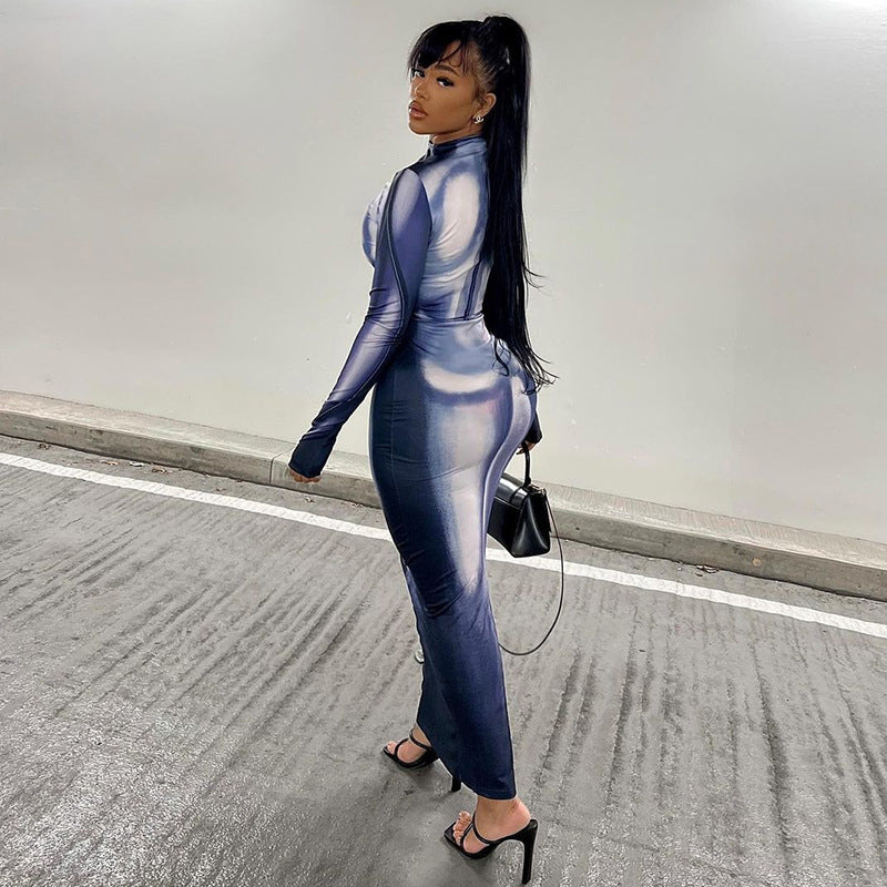 Blue Abstract Printed Round Neck Long Sleeves Bodycon Dress