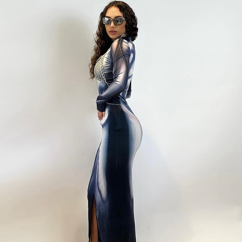Blue Abstract Printed Round Neck Long Sleeves Bodycon Dress