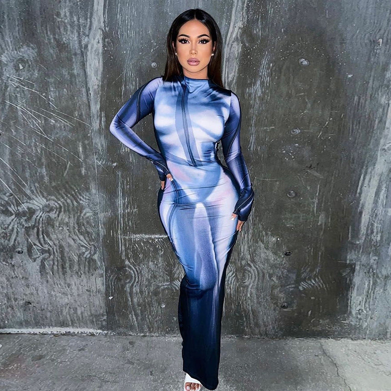 Blue Abstract Printed Round Neck Long Sleeves Bodycon Dress