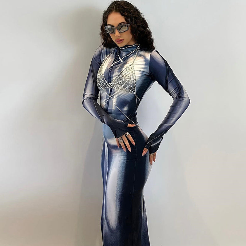 Blue Abstract Printed Round Neck Long Sleeves Bodycon Dress