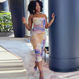 Blue Abstract Printed Shoulder Strap Neck Ruched Bodycon Midi Dress