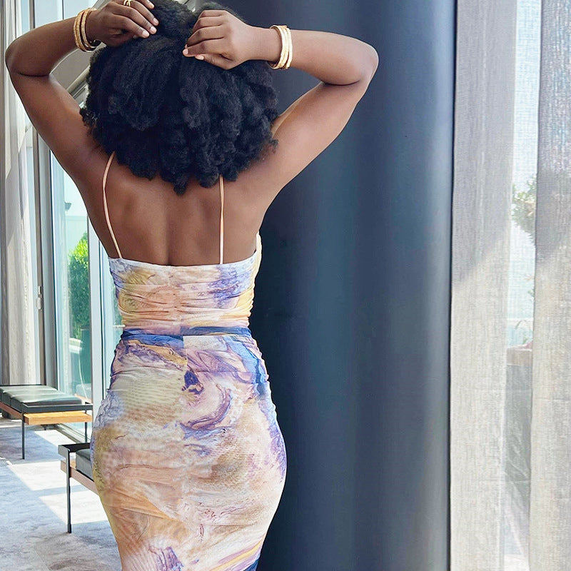 Blue Abstract Printed Shoulder Strap Neck Ruched Bodycon Midi Dress