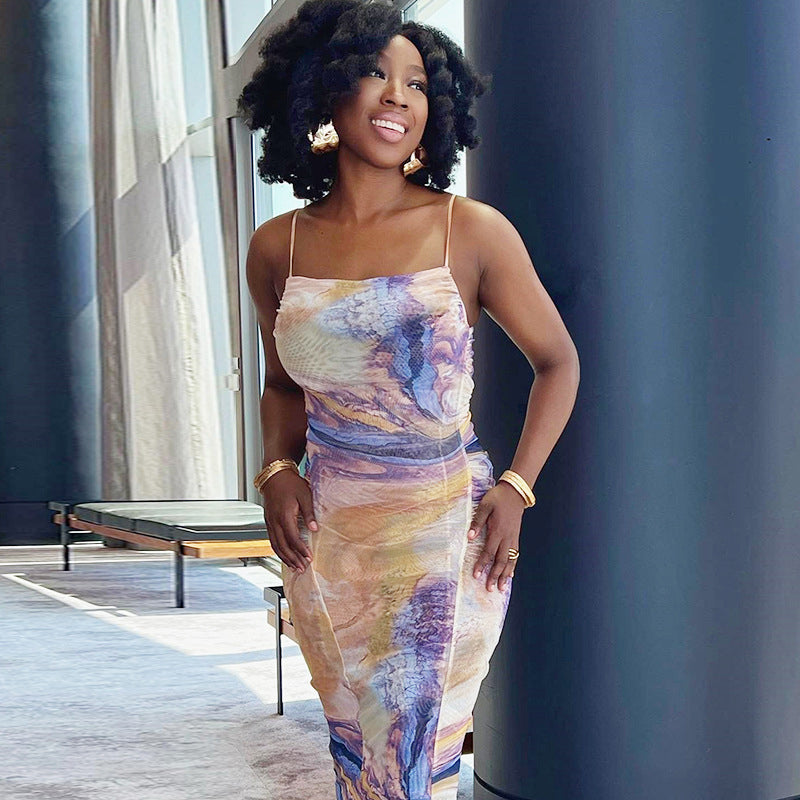 Blue Abstract Printed Shoulder Strap Neck Ruched Bodycon Midi Dress