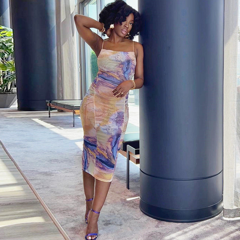 Blue Abstract Printed Shoulder Strap Neck Ruched Bodycon Midi Dress