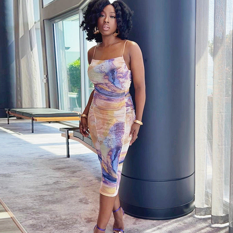 Blue Abstract Printed Shoulder Strap Neck Ruched Bodycon Midi Dress