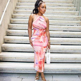 Pink Abstract Printed Halter Neck Maxi Dress