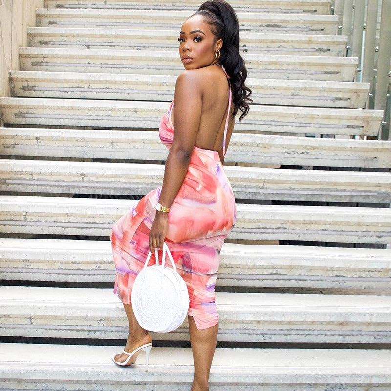 Pink Abstract Printed Halter Neck Maxi Dress