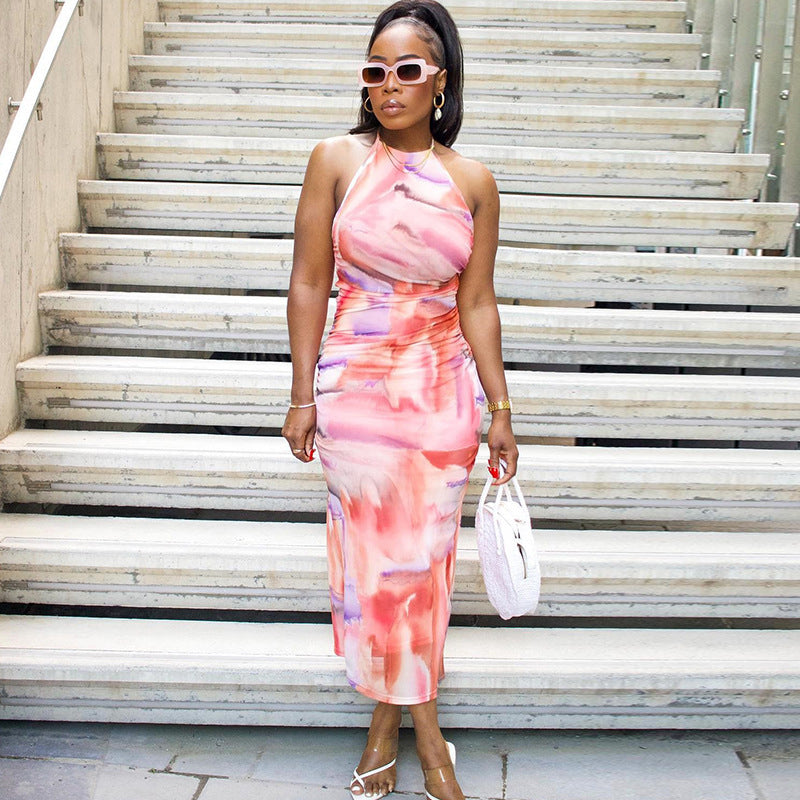 Pink Abstract Printed Halter Neck Maxi Dress