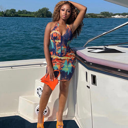 Blue Graphic Print Mini Dress