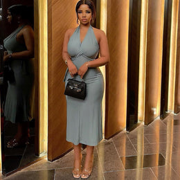 Grey Halter Neck Sleeveless A-Line Midi Dress