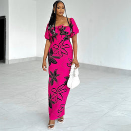 Fuchsia Floral Printed Square Neck Puff Sleeves Bodycon Maxi Dress