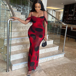Red Shoulder Straps Print Maxi Dress