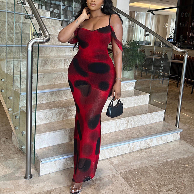 Red Shoulder Straps Print Maxi Dress