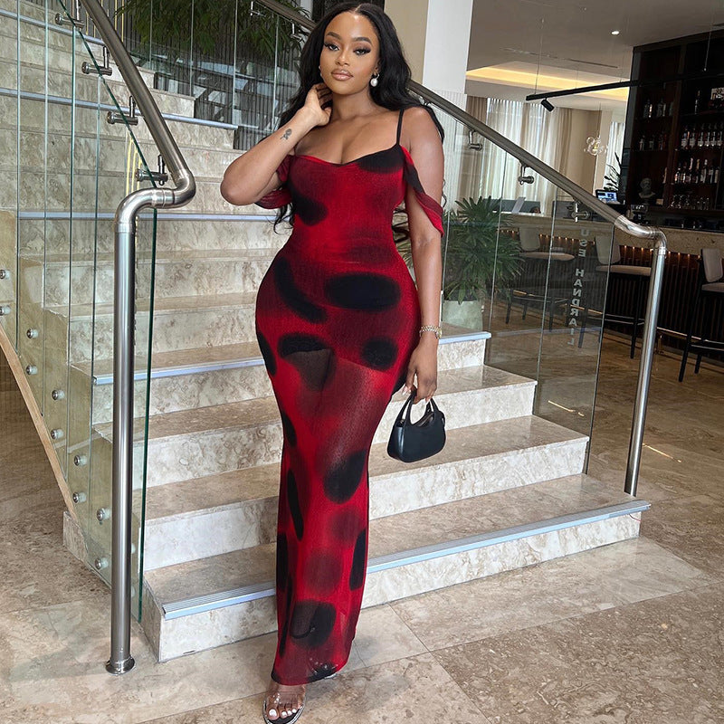 Red Shoulder Straps Print Maxi Dress