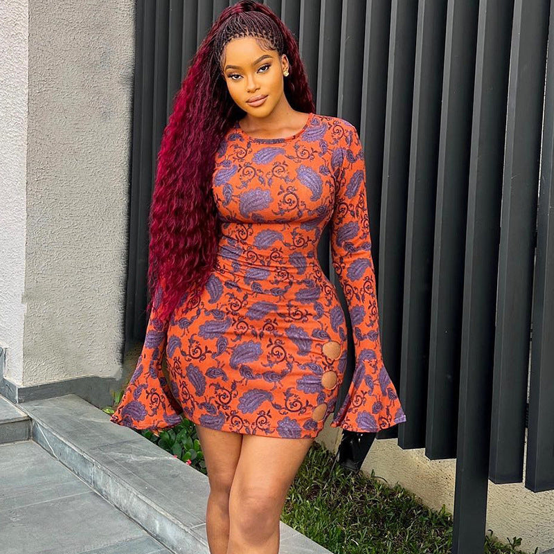 Orange Round Neck Ethnic Motifs Print Bell Sleeve A-Line Dress