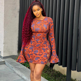 Orange Round Neck Ethnic Motifs Print Bell Sleeve A-Line Dress