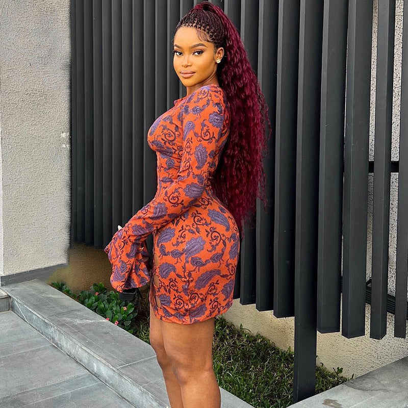 Orange Round Neck Ethnic Motifs Print Bell Sleeve A-Line Dress