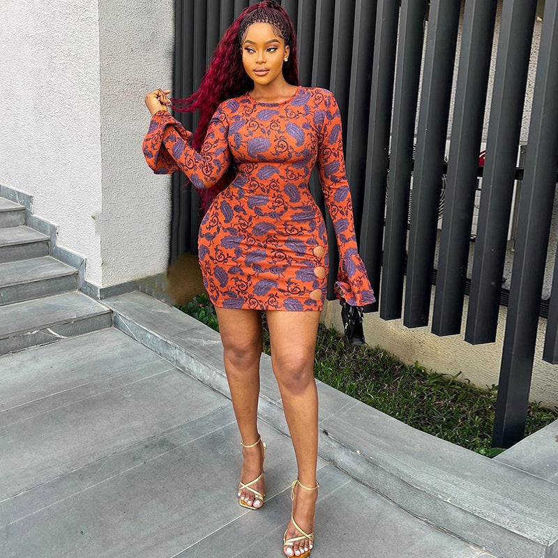 Orange Round Neck Ethnic Motifs Print Bell Sleeve A-Line Dress