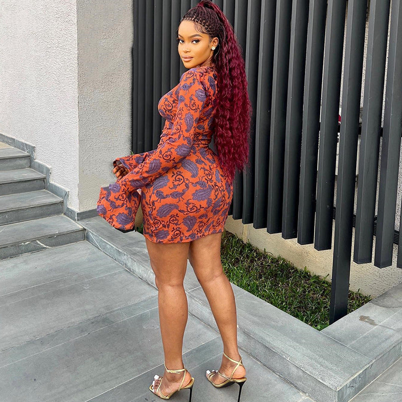 Orange Round Neck Ethnic Motifs Print Bell Sleeve A-Line Dress