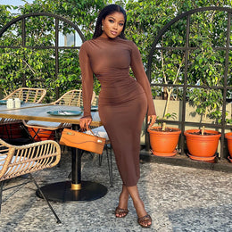 Brown High Neck Bodycon Midi Dress